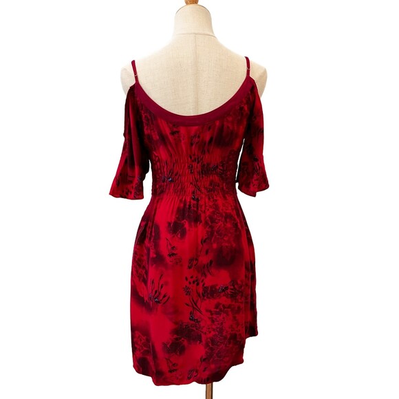 Free People Red Paint Splatter Mini Dress Cold Shoulder Embroidered Pleated 4 - Picture 3 of 10